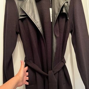 Tahari black knit trench coat, sweater, vegan leather new